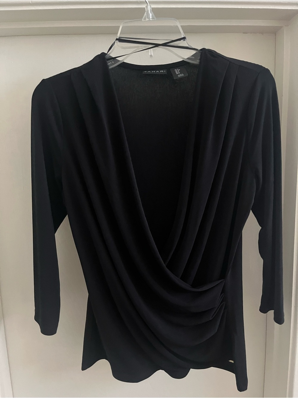 Tahari 3/4 Black Draped V-Neck Blouse size S